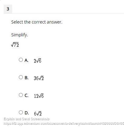 Select the correct answer. Simplify. square root of 72 A. 2 square root of 6 B. 36 square-example-1