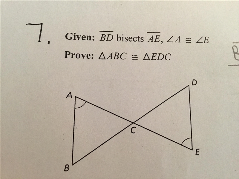 Read the proof. Given: BD bisects AE Prove: △ABC ~ △EDC-example-1