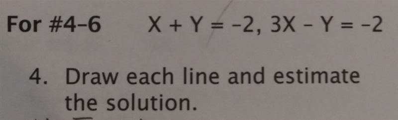 x + y = - 2 \\ 3x - y = - 2draw each line and estimate the solution.-example-1