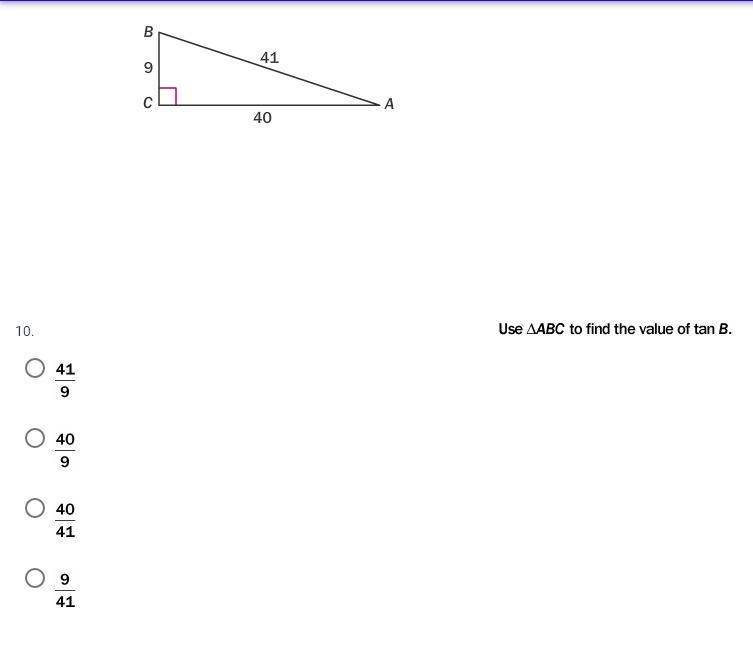 Use ABC to find the value of tan B 41/9 40/9 41/40 9/41-example-1