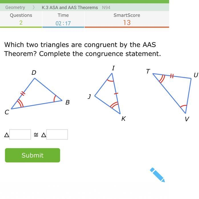 Which two triangles are congruent by the AAS Theorem? Complete the congruence statement-example-1