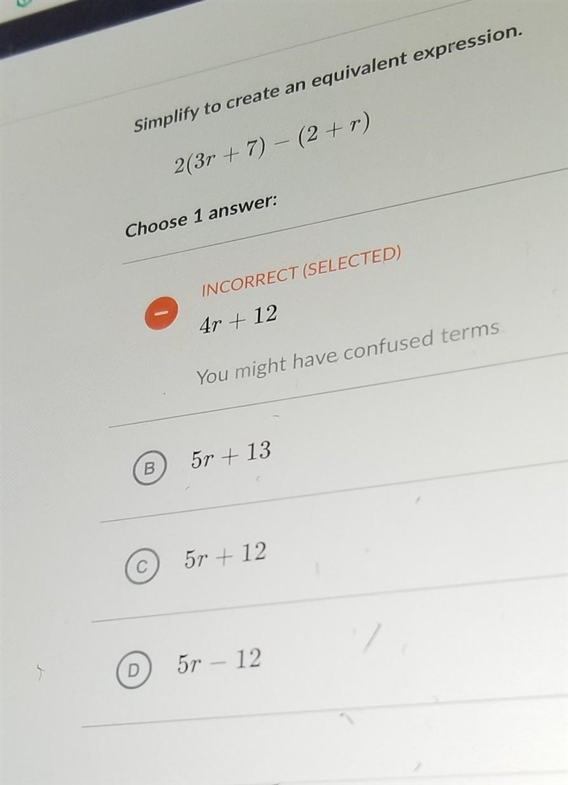 Algebra foundation Simplify to create an equivalent expression. 2(3r + 7) - (2+ r-example-1