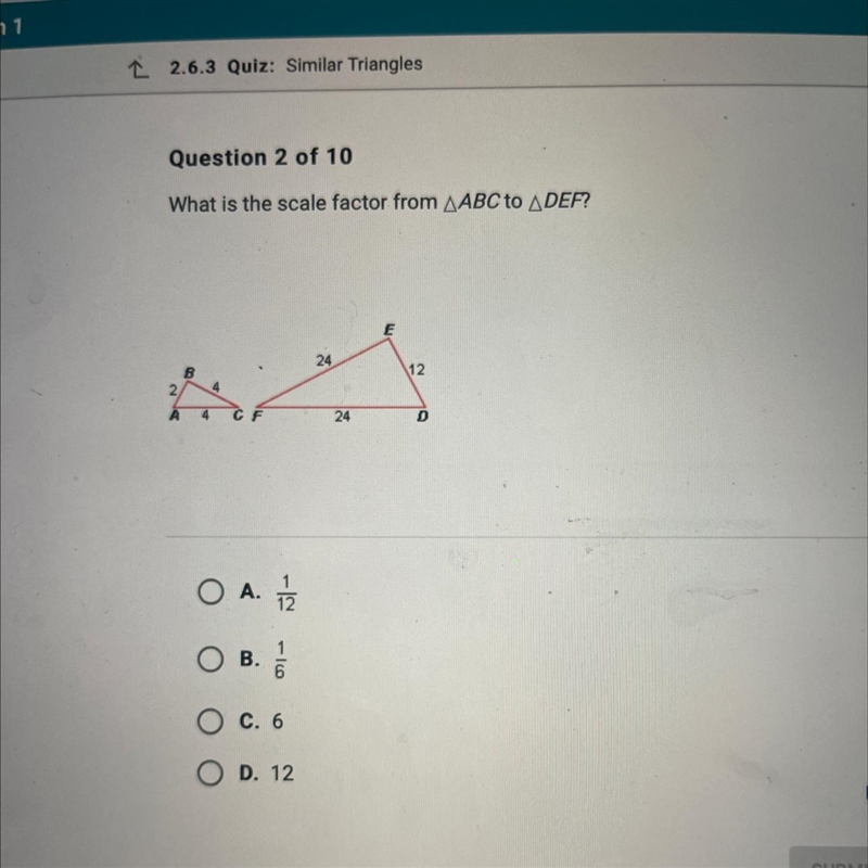 What is the scale factor from ABC to DEF?-example-1