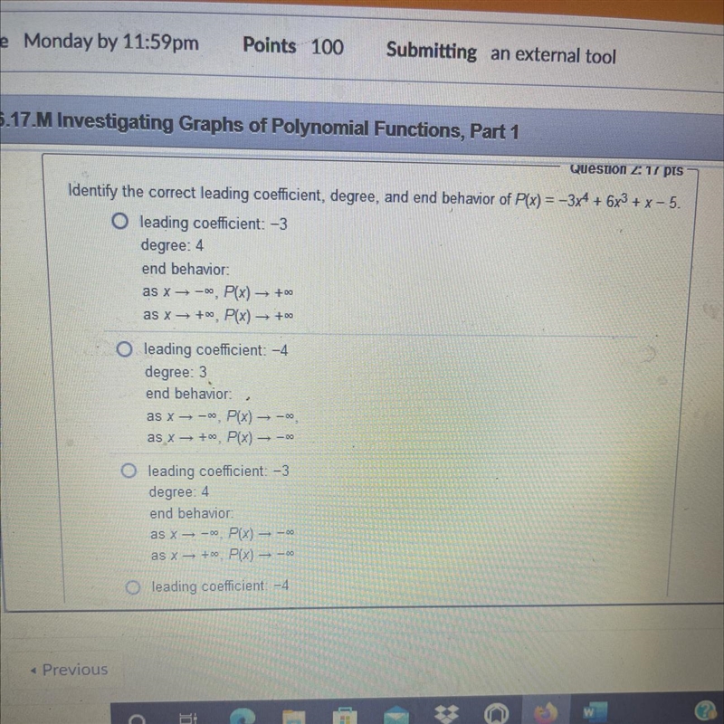 Identify the correct leading coefficient. , degree and end behavior.-example-1