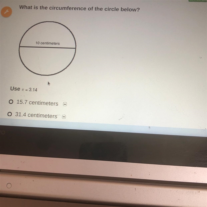 What is the circumference of the circle below? 10 centimeters-example-1