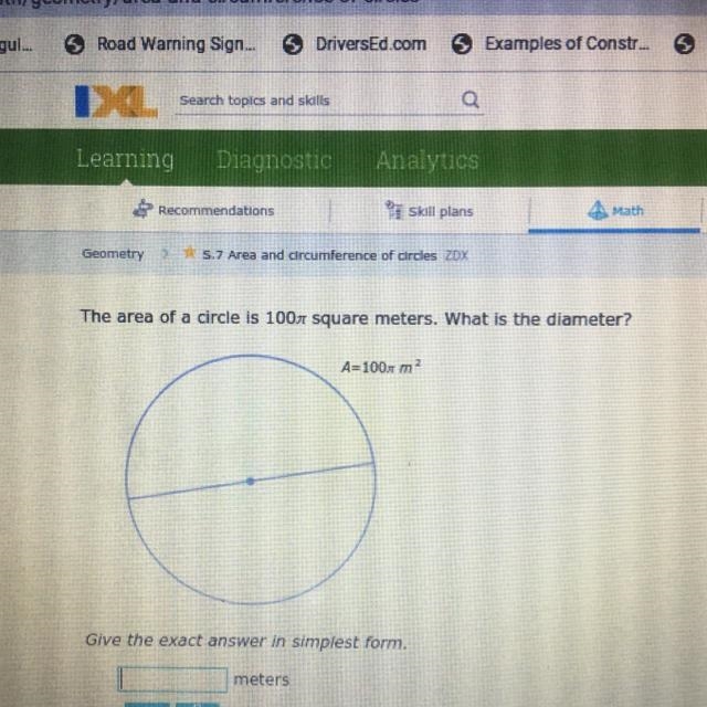 The area of a circle is 100pi square meters. What is the diameter?-example-1