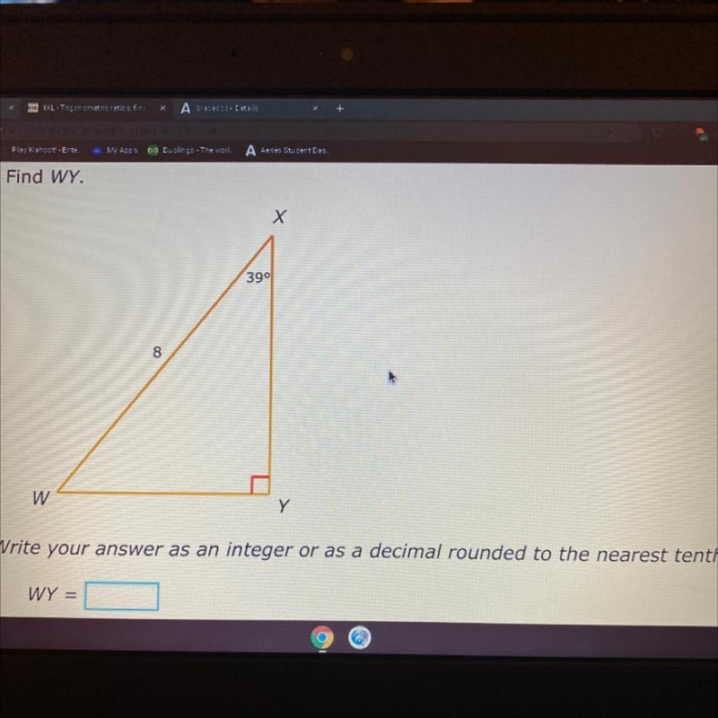 Find WY. W 8 X 39° Y Write your answer as an integer or as a decimal round WY =-example-1