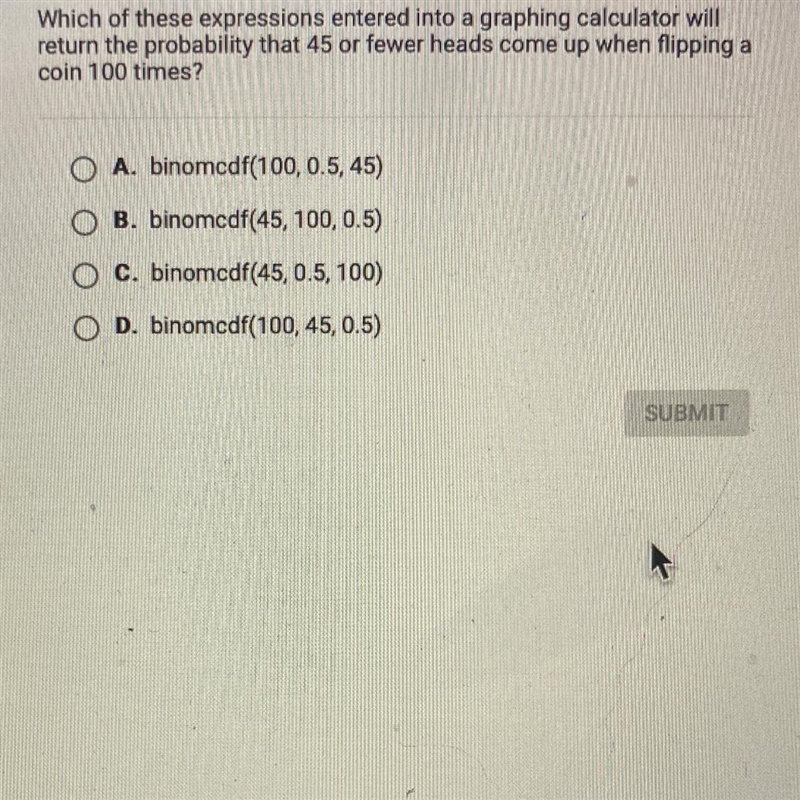 Which of these expressions entered into a graphing calculator willreturn the probability-example-1