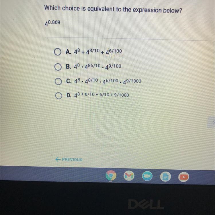 Which choice is equivalent to the expression below?48.869O A. 48 + 48/10 + 46/100OB-example-1