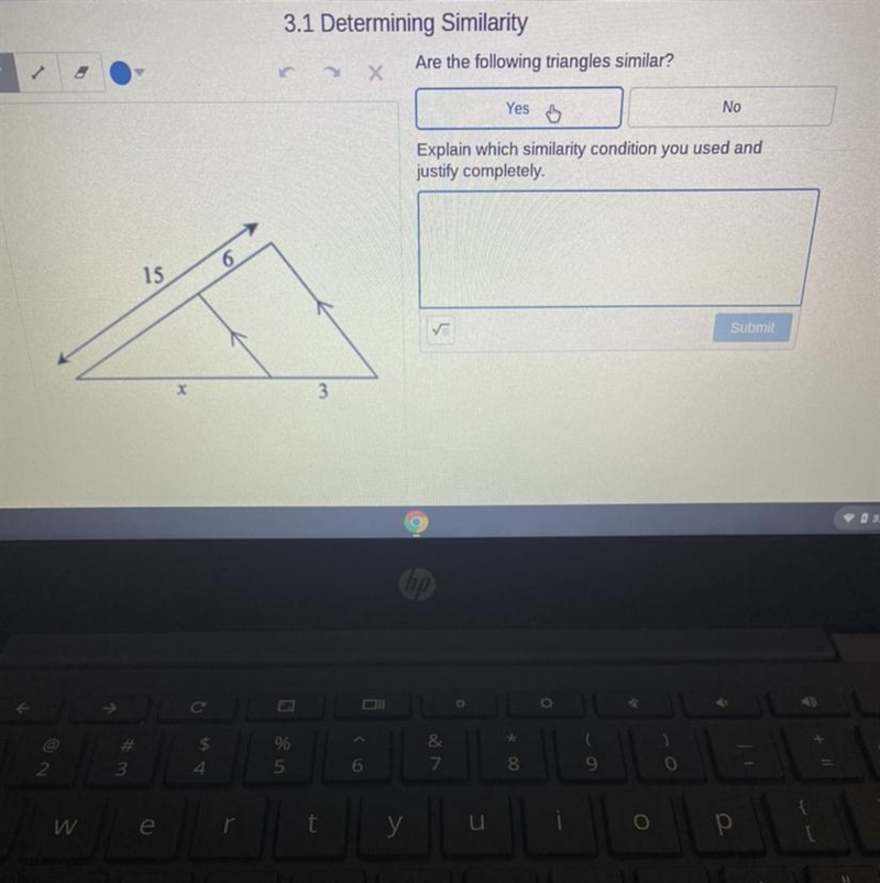 3.1 Determining SimilarityAre the following triangles similar?If not how do you know-example-1