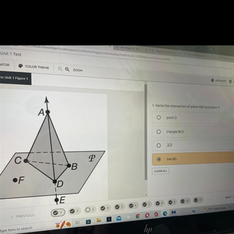 C ●F A D OF B P 1. Name the intersection of plane ABD and plane P point D O triangle-example-1