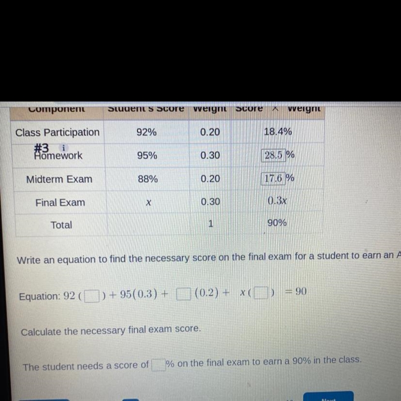 Write an equation to find the necessary score on the final exam for a student to earn-example-1