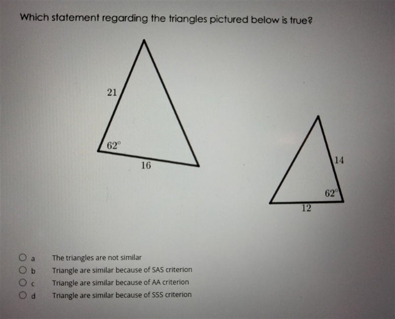 Which statement regarding the triangles pictured below is true?​-example-1