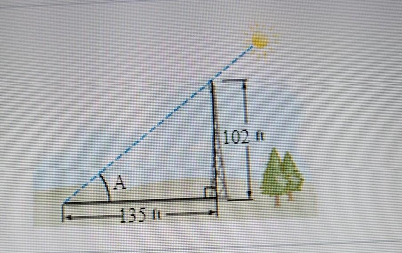 a tower that is 102 ft tall casts a shadow 135 feet long. Find the angle of elevation-example-1