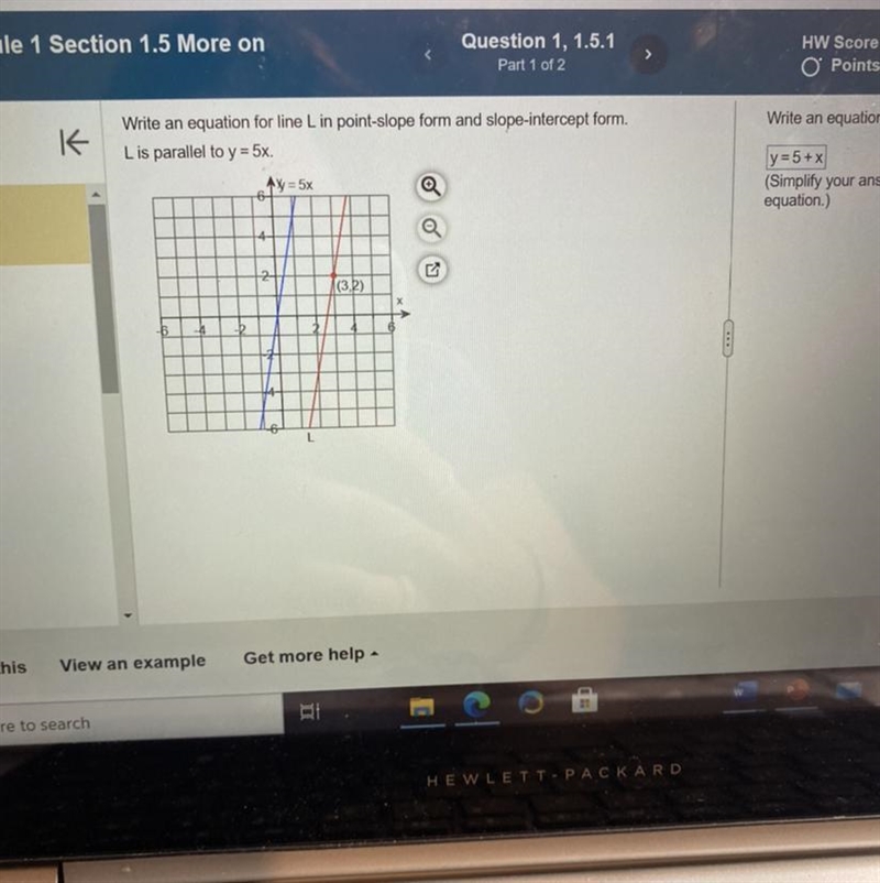 Write an equation for line L in point-slope form and slope-intercept form. L is parallel-example-1