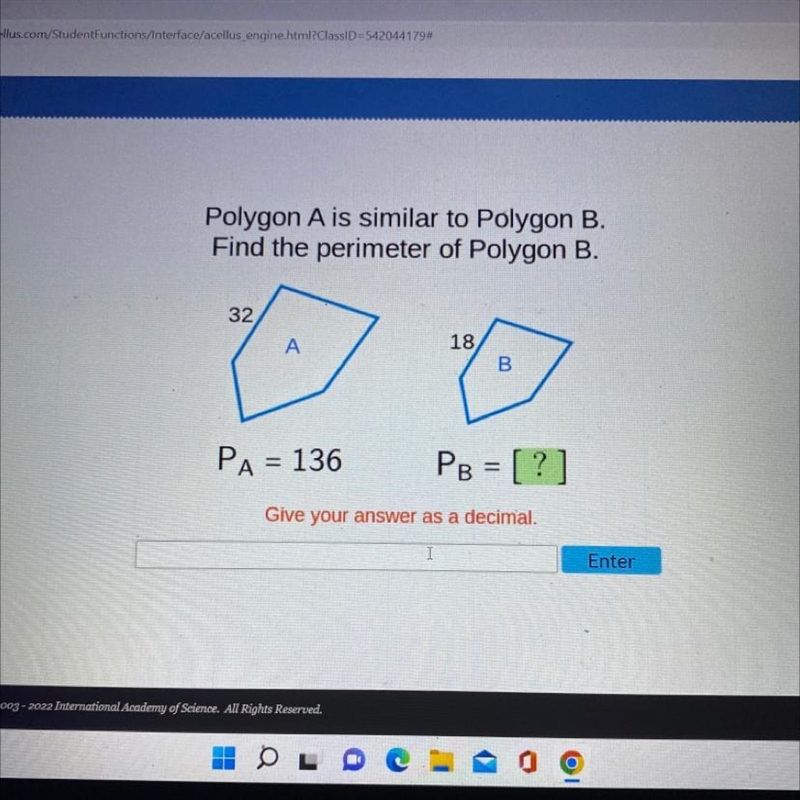 Polygon A is similar to Polygon B. Find the perimeter of Polygon B. PA = 136 PB = [?]-example-1