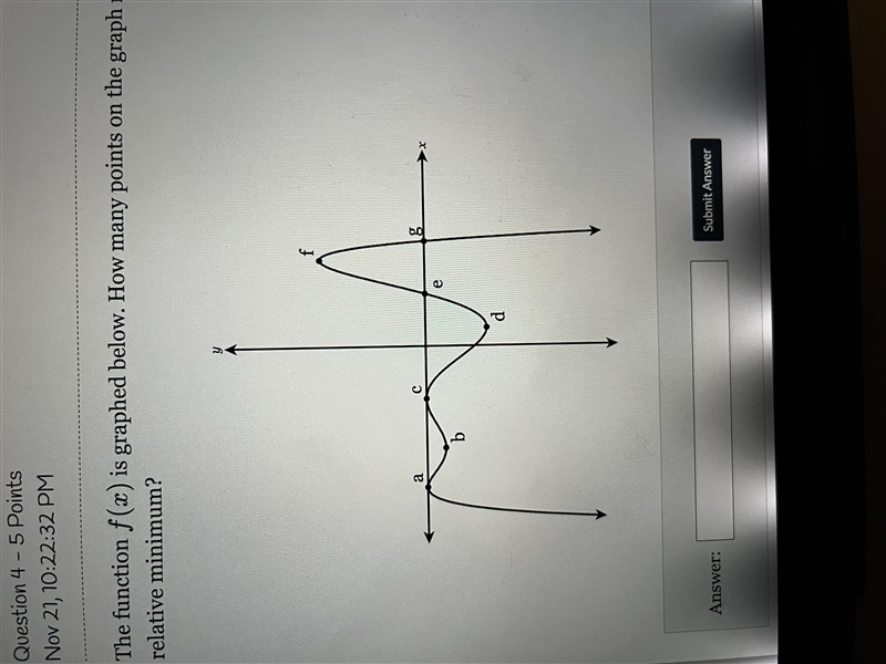 The function f(x) is graphed below. How many points on the graph represent a relative-example-1