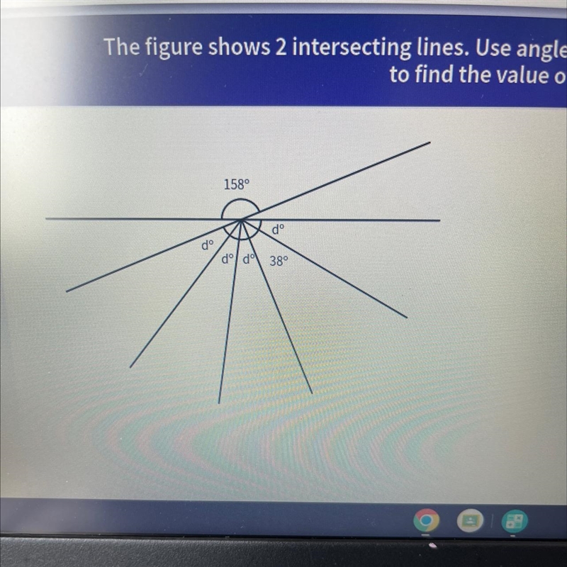 Find the value of d using the angle relationships shown in the diagram to find the-example-1