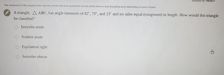 A triangle, ABC, has angle measures of 82', 75', and 23' and no sides equal (congruent-example-1