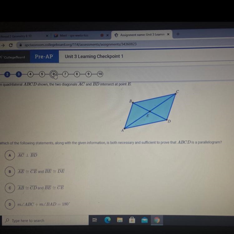 in quadrilateral ABCD shown the two diagonals AC and BD intersect at point EWhich-example-1