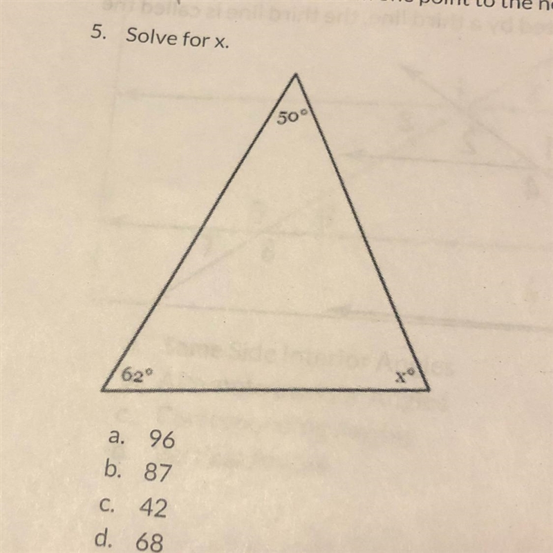 5. Solve for x. a. 96 b. 87 C. 42 d. 68-example-1