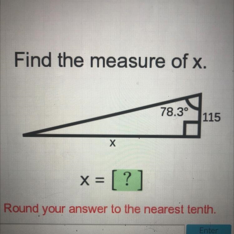 Find the measure of x.78.3°115ХX== [?]Round your answer to the nearest tenth.-example-1