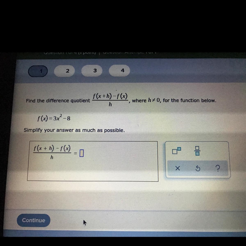 Find the difference quotientwhere h= 0, for the function below.hf(x) = 3x²-8Simplify-example-1