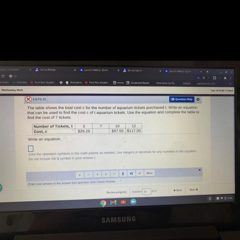 The table shows the total cost c for the number of aquarium tickets purchased t. Write-example-1