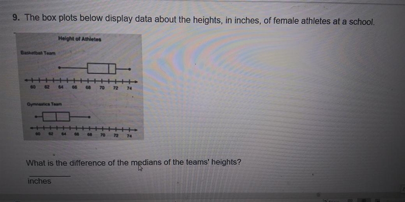 9. The box plots below display data about the heights, in inches, of female athletes-example-1