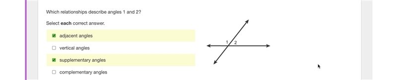 Which relationships describe angles 1 and 2? Select each correct answer. adjacent-example-1