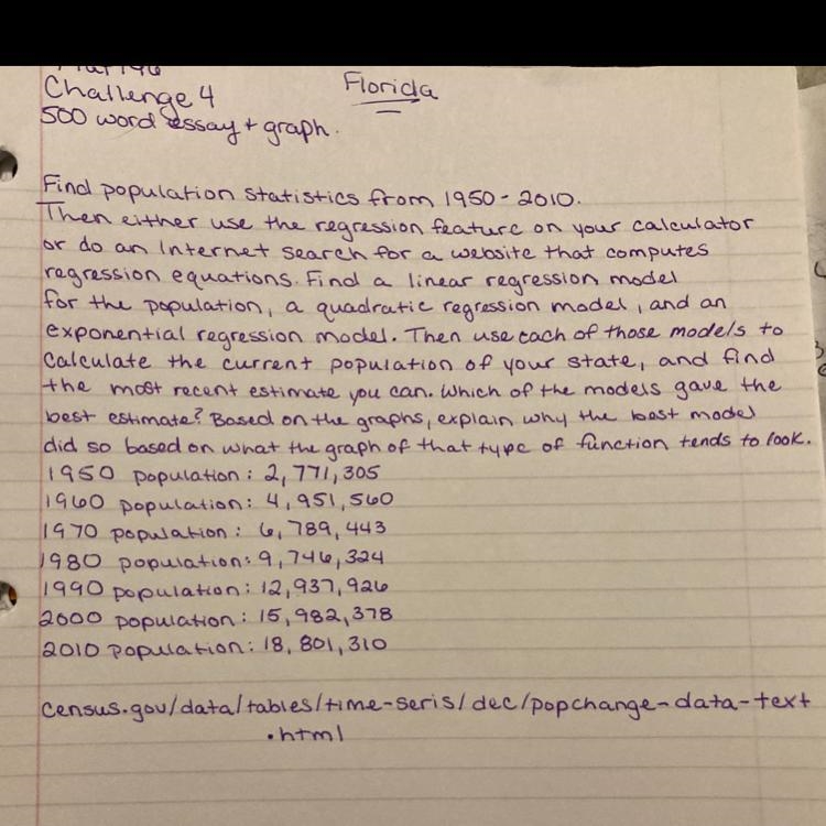 Find the population statistics for Florida from 1950-2010. Find a linear regression-example-1