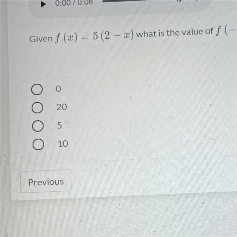 Given f (x) = 5 (2 - x) what is the value of f (-2)-example-1