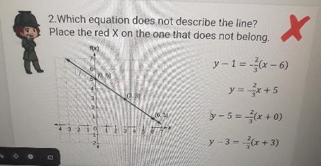 2.Which equation does not describe the line? Place the red X on the one that does-example-1