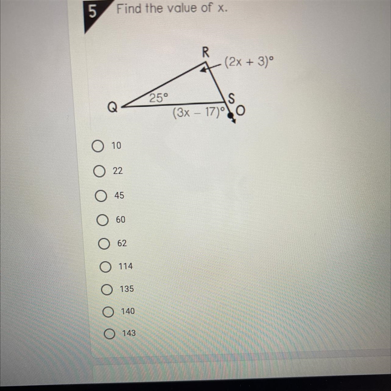 Find the value of x. R (2x + 3)^ 25° Q S (3x – 17) 10 ( O-example-1