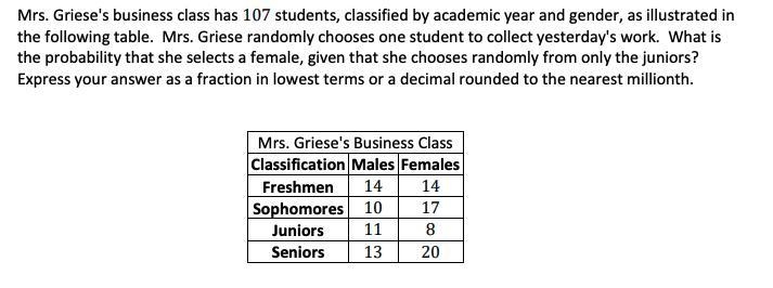 Mrs. Griese's business class has 107 students, classified by academic year and gender-example-1