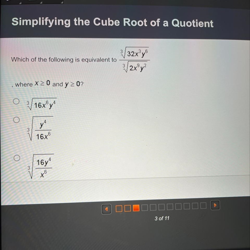 Which of the following is equivalent to 32x³y6 9.2 2³/√/2x³y²-example-1