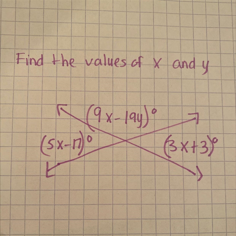 Find the values of x and y.The angle on the left (5x-17)°-example-1