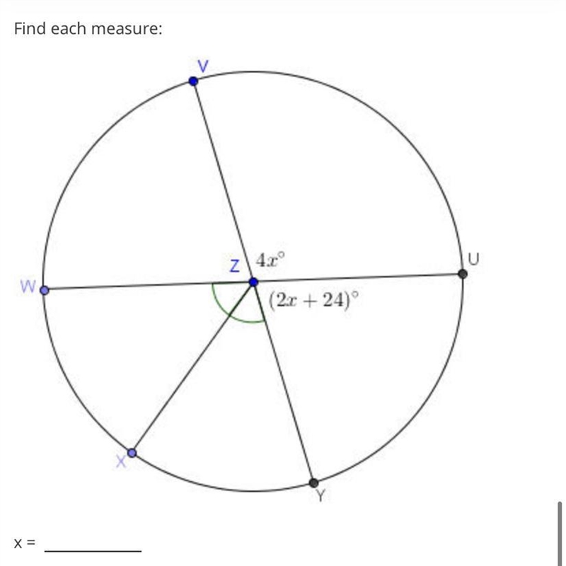 Find each measure:z 4.rºUw(2x + 24)X=Arc UY =Ary WW=oArc WX =oArc WUY =Blank 1:Blank-example-1