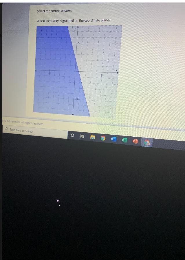 22Select the correct answer.Which inequality is graphed on the coordinate plane?-example-1