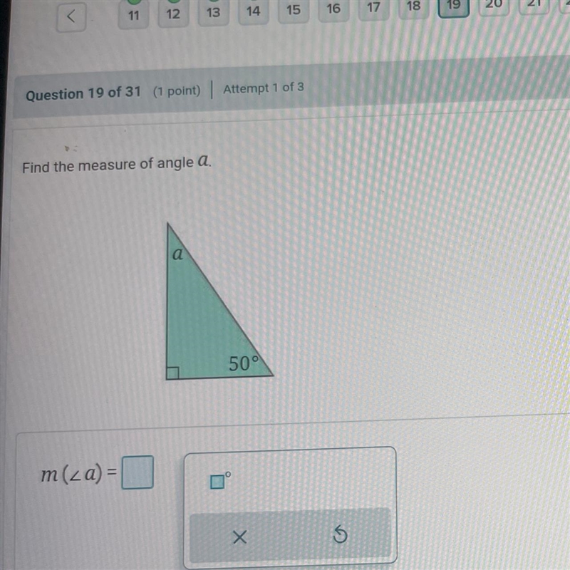 Find the measure of angle a. a 50°-example-1