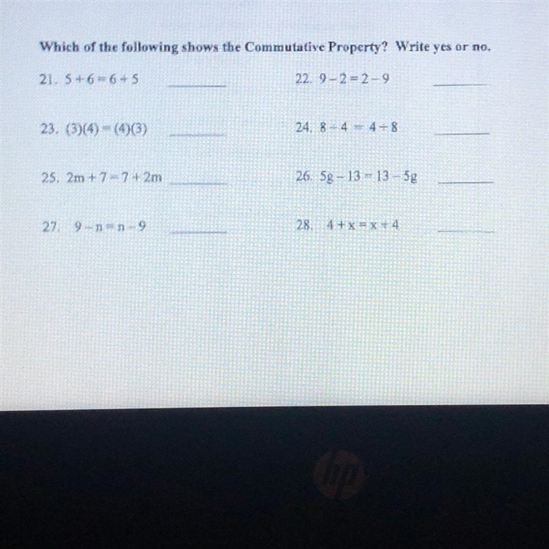 Which of the following shows the commutative property? Write yes or no.-example-1