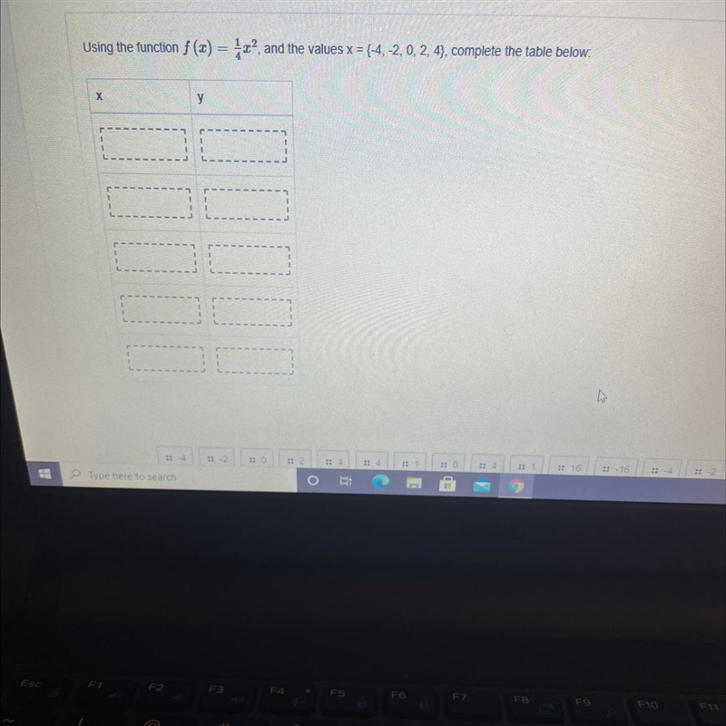 Using the function f(x)=1/4x^2￼and the values x = {-4-2, 0, 2, }, complete the table-example-1