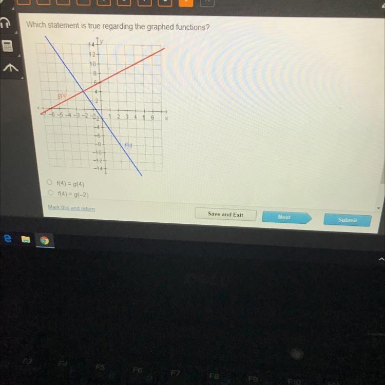 Which statement is true regarding the graphed functions?14741240+84g2+4-6-5-4-3-2-1,122415X-example-1