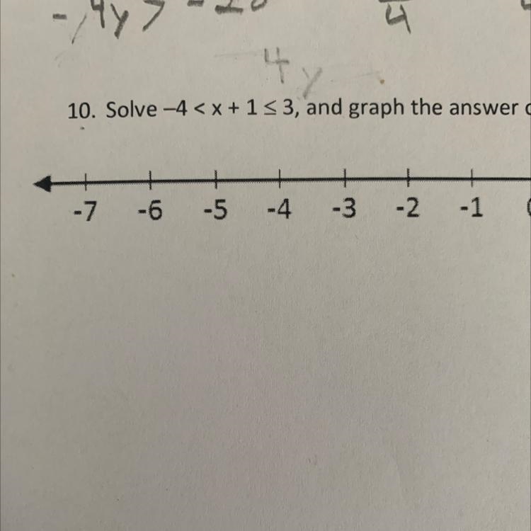 10. Solve -4 < x + 1 <3, and graph the answer on the number line.-example-1