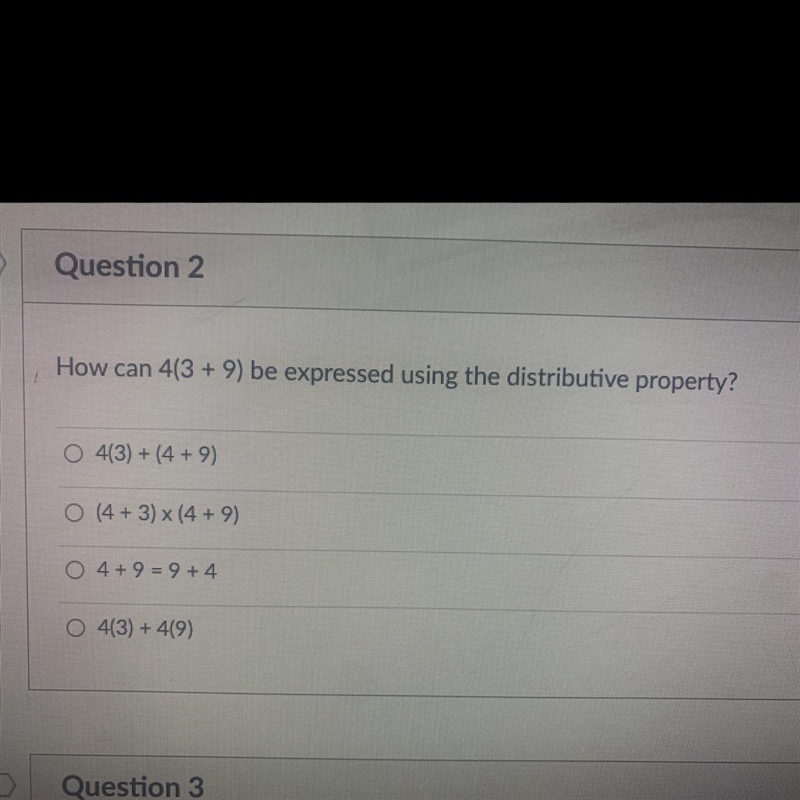 How can 4(3+9) be expressed using the distributive property?-example-1