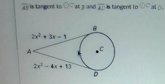 Line AB is tangent to circle C at B and line AD is tangent to circle C at D. What-example-1