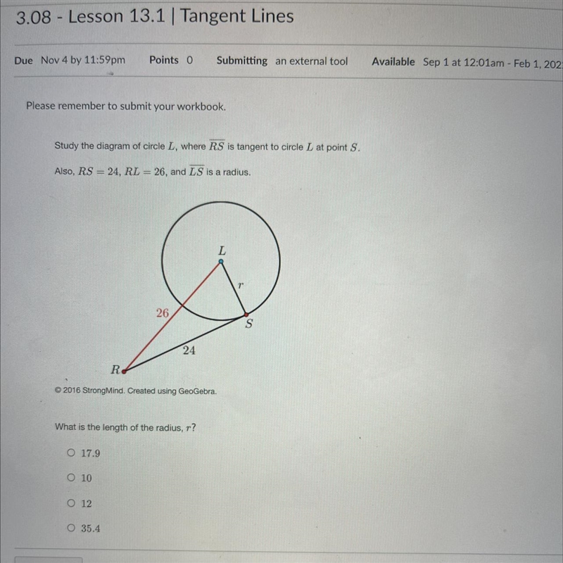 Study the diagram of circle L, where RS is tangent to circle L at point S.Also, RS-example-1