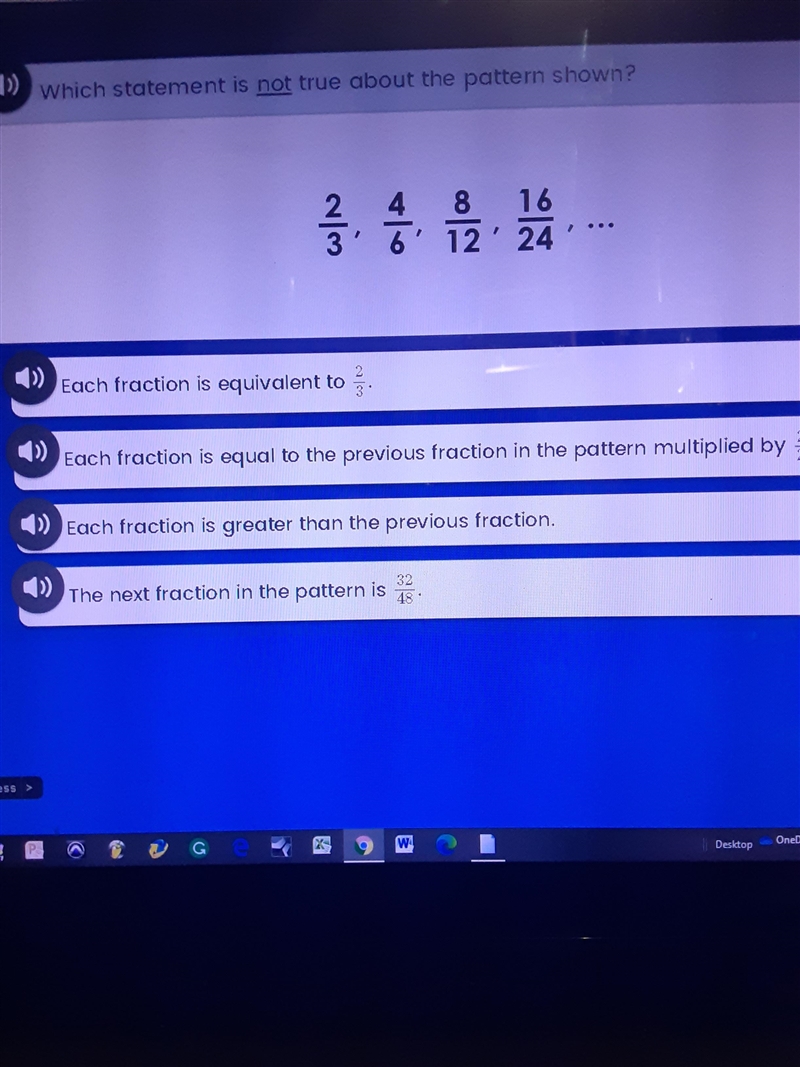 Which statement is not true about the pattern shown? 2/3 k 12 24 8 16 12' 24 1) Each-example-1