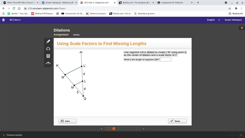 Line segment LM is dilated to create L'M' using point Q as the center of dilation-example-1