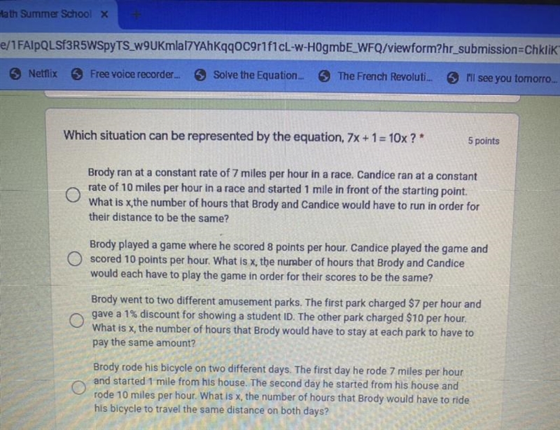 Which situation can be represented by the equation, 7x + 1 = 10x ? *-example-1